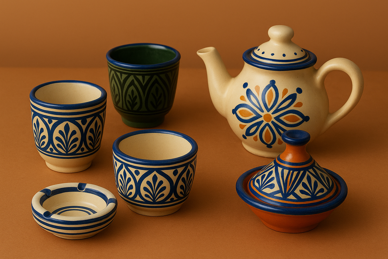 Moroccan Ceramic Cups, Ashtray, Mini Tajines & Teapots