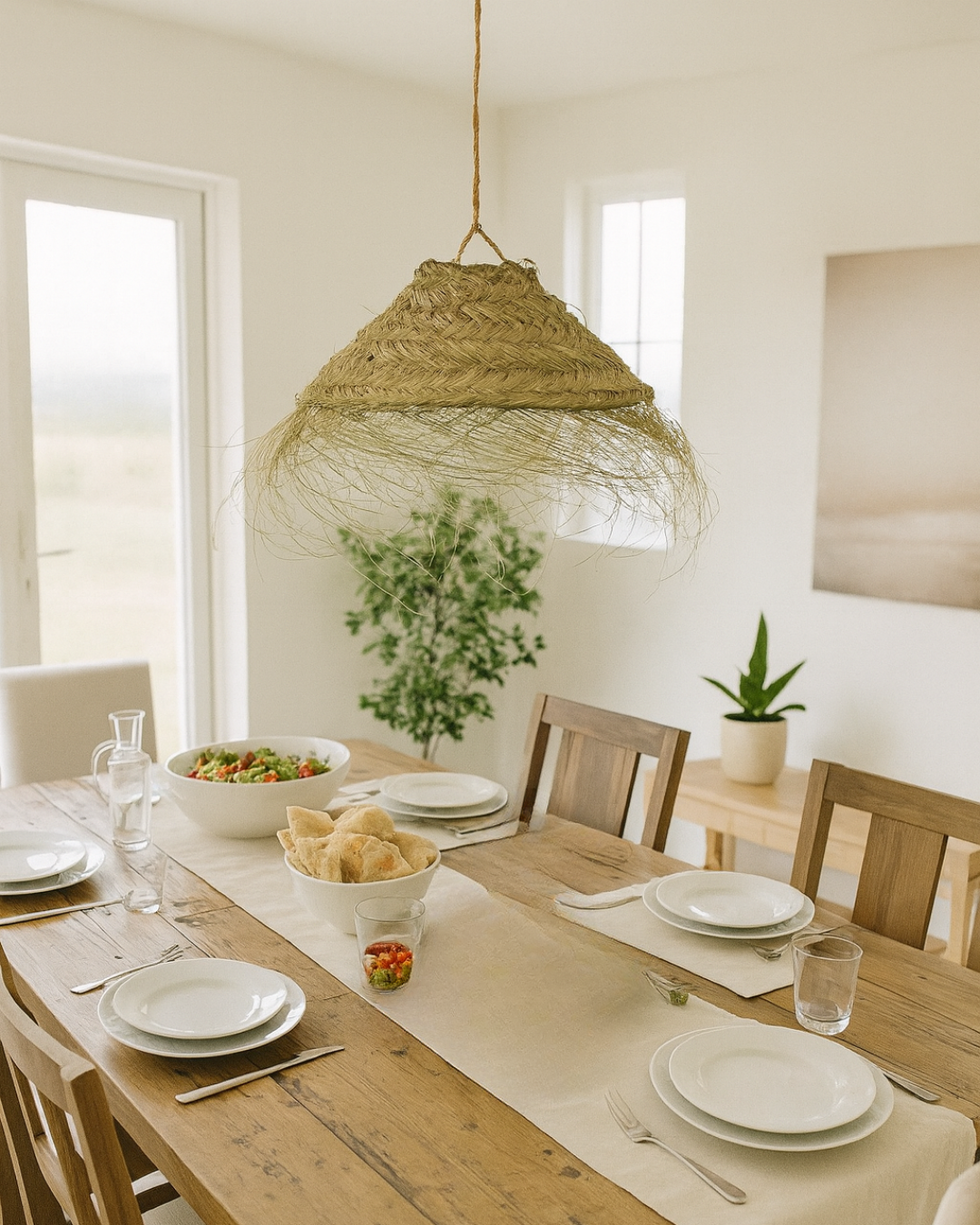 Handmade EMMA DESERT Moroccan pendant light crafted from natural Halfa fiber wicker, offering a warm, rustic, and boho-inspired lighting design.