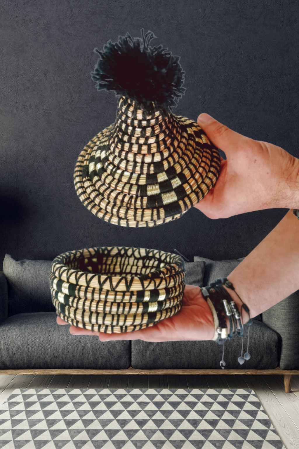 Handmade Moroccan Berber Basket with Lid – Black & Gold Seagrass Storage Tajine Basket, Elegant Boho Home Decor