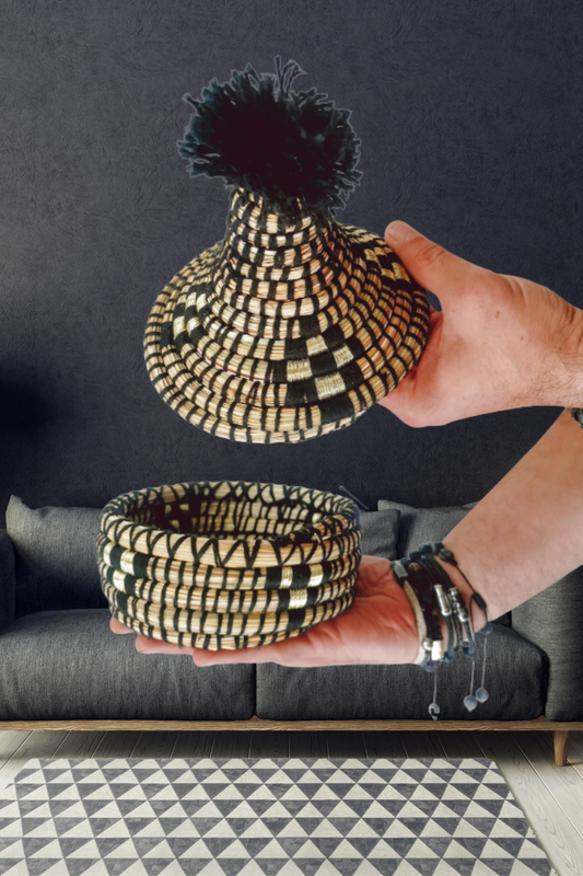 Handmade Moroccan Berber Basket with Lid – Black & Gold Seagrass Storage Tajine Basket, Elegant Boho Home Decor