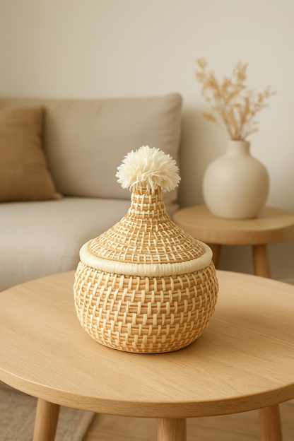 White & Gold Moroccan Berber Basket – Handmade Seagrass Storage Bowl with Lid, Elegant Boho Home Decor