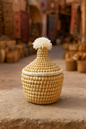 White & Gold Moroccan Berber Basket – Handmade Seagrass Storage Bowl with Lid, Elegant Boho Home Decor