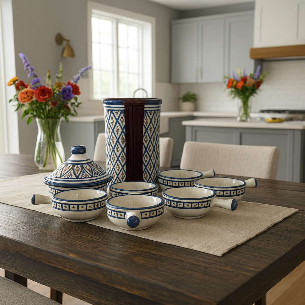 Handmade Safi blue ceramic serving set featuring floral mezze and condiment bowls.