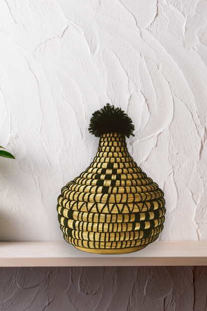 Handmade Moroccan Berber Basket with Lid – Black & Gold Seagrass Storage Tajine Basket, Elegant Boho Home Decor
