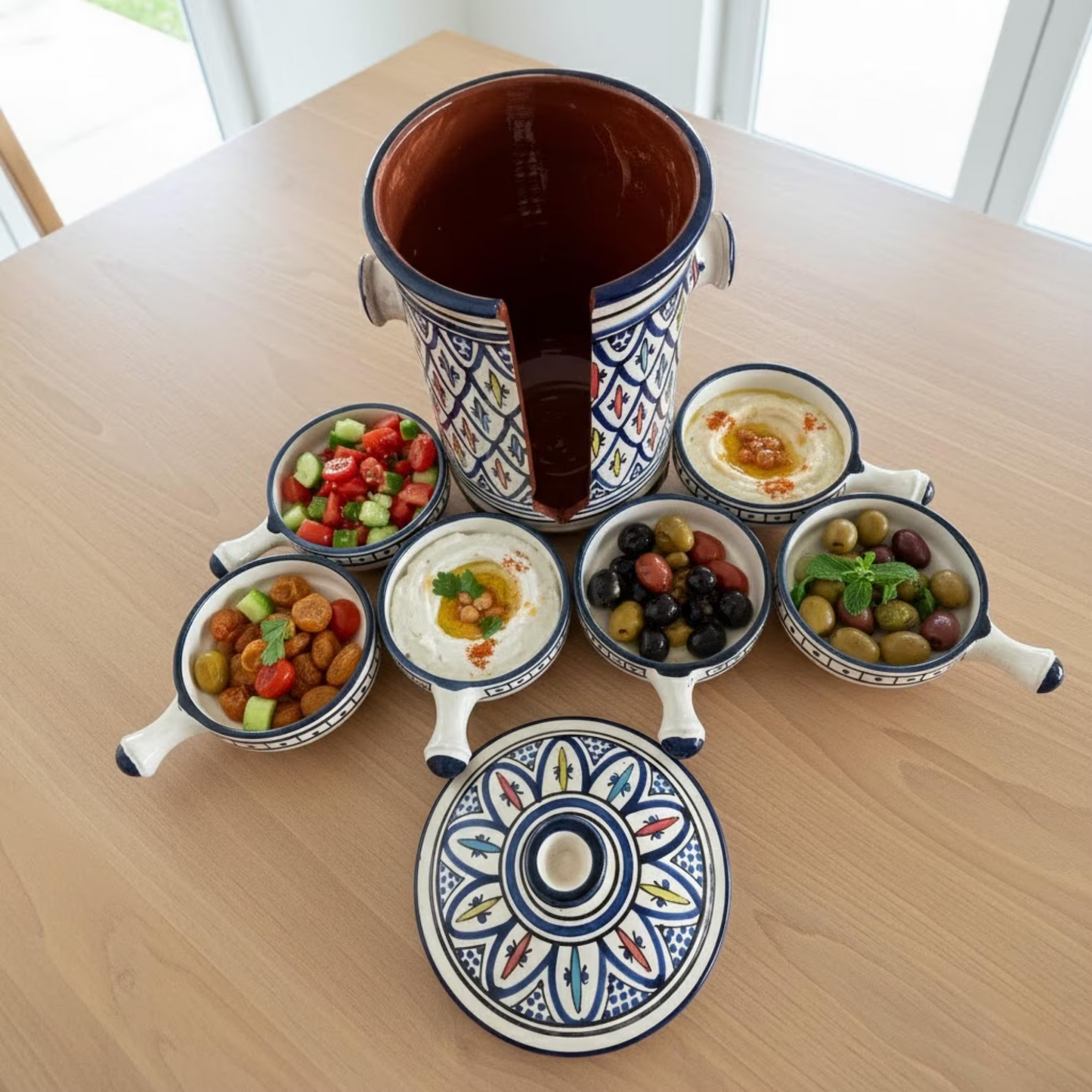 Handmade Safi blue ceramic serving set featuring floral mezze and condiment bowls.