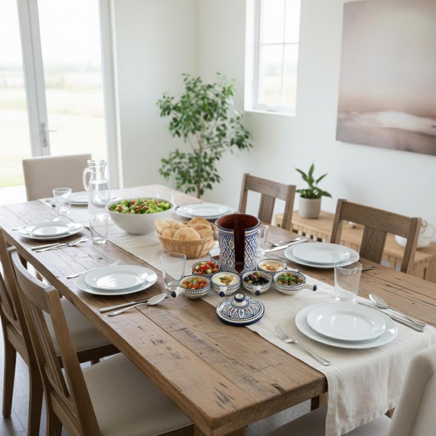 Handmade Safi blue ceramic serving set featuring floral mezze and condiment bowls.