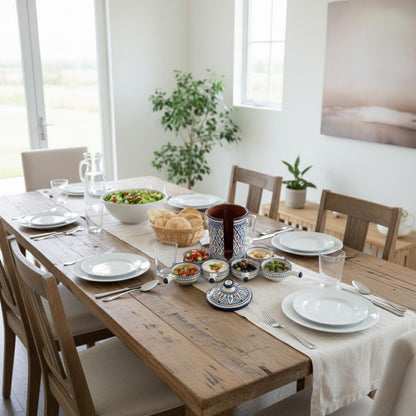 Handmade Safi blue ceramic serving set featuring floral mezze and condiment bowls.